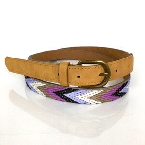 Women’s Thin Boho Belt Chevron Embroidered Multi Colored Purple Brown Size 13
